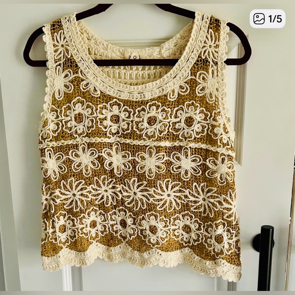 POL BOHO CHIC Floral Crochet Sleeveless Top - Cream and Brown ONE size‎